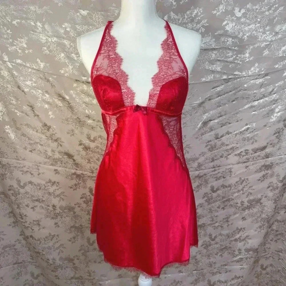 Victoria's Secret Red Slip Dress Lace Lingerie Size L - Picture 1 of 7